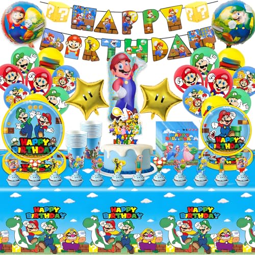 86 Stück Super Bro Geburtstagsdeko, Cartoon Partygeschirr Set Kindergeburtstag Deko Party Supplies mit Luftballons Pappteller Tasse Tischdecke Servietten, Party Dekoration für 10 Gäste 86 Stück Super Bro Geburtstagsdeko, Cartoon Partygeschirr Set Kindergeburtstag Deko Party Supplies mit Luftballons Pappteller Tasse Tischdecke Servietten, Party Dekoration für 10 Gäste von Ainvliya