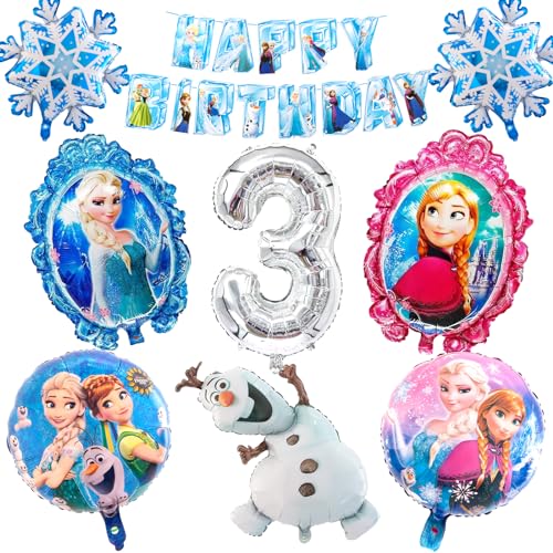 9 Stück Froz Luftballons Mädchen 3 Jahre, Geburtstagsdeko Mädchen Geburtstagsparty Deko Party Happy Birthday Banner, Schneeflocken Folienballons, Zahlen 3, Party Dekoration Kindergeburtstag von Ainvliya
