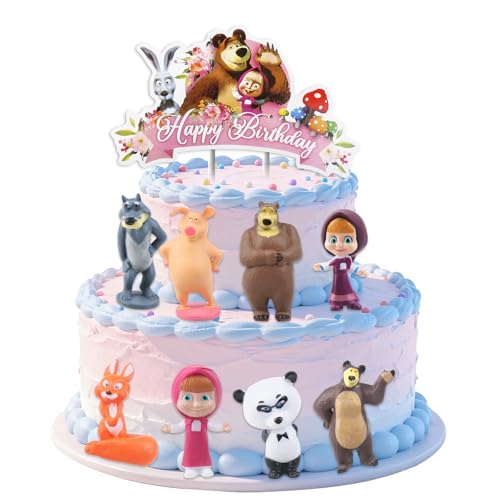 9 Stück Masha Und der Bär Figuren Tortendeko,Masha Und Der Bär kuchendeko, Cartoon Tortenfiguren Set Geburtstag Kuchen Dekoration für Mädchen Junge von Ainvliya