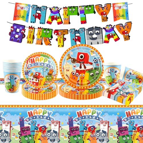 Ainvliya 52 Stück Blöcke Geburtstagsdekorationen, Partydekorationen, Partyzubehör, Pappteller, Becher und Tischdecke, Kindergeschirr-Set für 10 Gäste von Ainvliya
