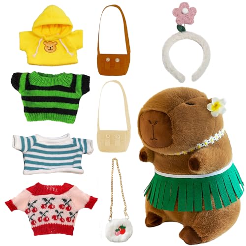 Capybara Plüschtier, 23CM Capybara Kuscheltier Set Cartoon Plüschtiere, Plüsch Puppe Spielzeug mit Kleidung und Accessoires, Kinder Figur Plüschtiere Gestopft Tierspielzeug Für Jungen Mädchen von Ainvliya