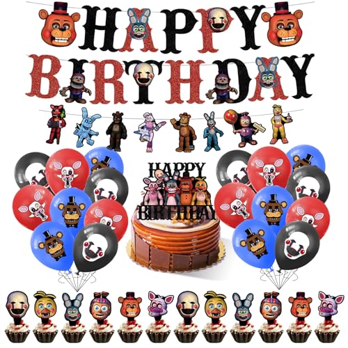 FNAF Geburtstagsdekorationen, Five Nights at Freddy's Party-Dekorationen mit Banner, Latex-Luftballons, Kuchendekoration, Cupcake-Topper, Nachtbär-Thema, Geburtstagsparty-Zubehör für Kinder, Babyparty FNAF Geburtstagsdekorationen, Five Nights at Freddy's Party-Dekorationen mit Banner, Latex-Luftballons, Kuchendekoration, Cupcake-Topper, Nachtbär-Thema, Geburtstagsparty-Zubehör für Kinder, Babyparty von Ainvliya