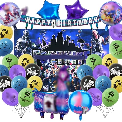 Fortni-t Geburtstagsdeko, 28 Stück Game Luftballons Geburtstag mit Hintergrundstoff Happy Birthday Banner, Geburtstag Party Deko Mädchen Kindergeburtstag Deko von Ainvliya