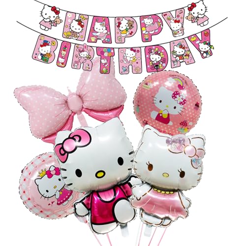 Kity Party-Luftballons, Cartoon-Katzen-Folienballon, Happy Birthday-Banner, Katzen-Themen-Geburtstagsdekorationsset, Partyzubehör für Jungen, Mädchen, Kinder, 9 Stück von Ainvliya