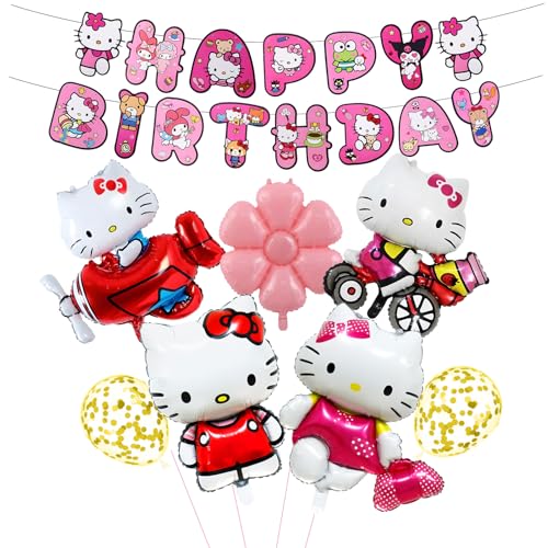 Kity Party-Luftballons, Cartoon-Katzen-Folienballon, Happy Birthday-Banner, Katzen-Themen-Geburtstagsdekorationsset mit Latex-Luftballons, Partyzubehör für Jungen, Mädchen, Kinder, 8 Stück von Ainvliya
