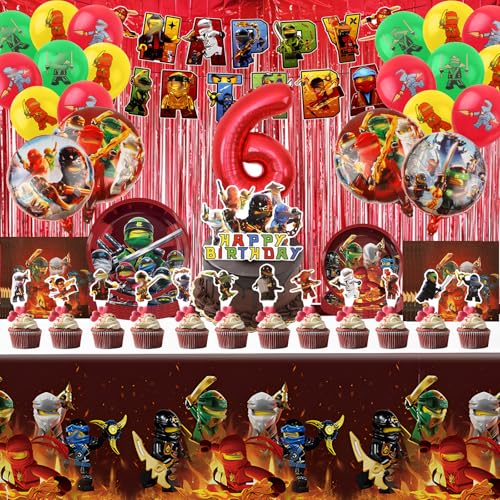 Ninj Geburtstag Deko Kinder 6 Jahre, 90Pcs Ninj Geburtstag Party Dekoration, Partygeschirr Set mit Happy Birthday Banner, Tischdecke, Tortenaufsätze, Geschirr und Luftballons Ninj Geburtstag Deko Kinder 6 Jahre, 90Pcs Ninj Geburtstag Party Dekoration, Partygeschirr Set mit Happy Birthday Banner, Tischdecke, Tortenaufsätze, Geschirr und Luftballons von Ainvliya