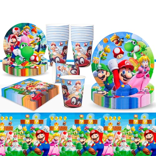 Super Bro Partygeschirr-Set, Geburtstagsdekorationen mit Papptellern, Bechern und Servietten, Tischdecke, Partyzubehör für Kinder, Jungen, Mädchen, 10 Gäste, 51 Stück Super Bro Partygeschirr-Set, Geburtstagsdekorationen mit Papptellern, Bechern und Servietten, Tischdecke, Partyzubehör für Kinder, Jungen, Mädchen, 10 Gäste, 51 Stück von Ainvliya