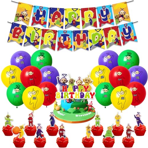 Teletu-Baby-Party-Dekorationen, Teletu-Themen-Geburtstagsdekorationen mit Banner, Latex-Luftballons, Kuchendekoration, Cupcake-Topper, Teletu-Baby-Geburtstagsparty-Zubehör für Kinder, Jungen und von Ainvliya