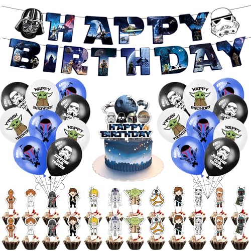 Yoda-Party-Dekorationen mit Banner, Latex-Luftballons, Kuchendekoration, Cupcake-Topper, Wars-Thema, Geburtstagsparty-Zubehör für Kinder, Babyparty, 44 Stück von Ainvliya