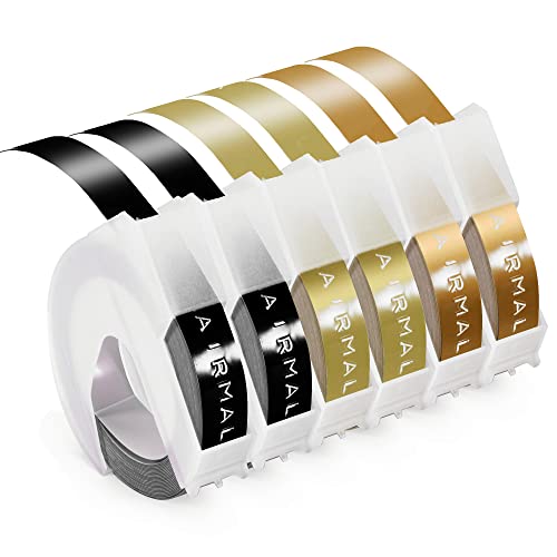 Prägeband Kompatibel mit Dymo Prägegerät Etiketten 9mm Omega Etikettenband 3D Kunststoff Vinyl-Prägeetiketten Schwarz/Gold/Champagner Gold Kompatibel mit Dymo Omega und Junior Prägegerät, 6 Rollen von Airmall