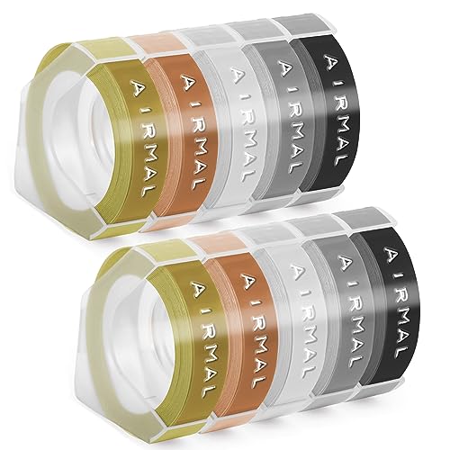 Airmall 10x Kompatibel Dymo Omega Etikettenband Ersatz für Dymo Prägeband 9mm x 3m, 3D Vinyl-Prägeetiketten für Dymo Omega Junior Prägegerät Weiß auf Schwarz/Gold/Champagner Gold/Silber/Transparent von Airmall