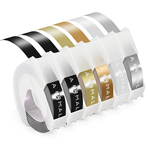 Prägegerät Etiketten Kompatibel mit Dymo Omega Etikettenband 9mm Prägeband Kompatibel mit Dymo Omega und Junior Prägegerät, 5 Prägebänder, Weiß auf Schwarz/Gold/Champagner Gold/Silber/Transparent von Airmall