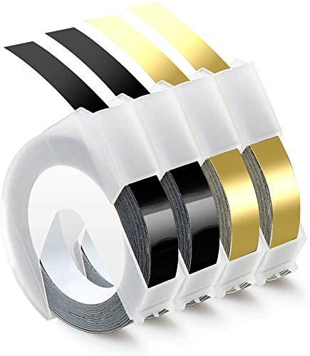 Airmall Kompatibel mit Dymo Omega Bänder Kompatibel mit Dymo Prägegerät Etiketten 9mm Schwarz und Gold 3D Prägeetiketten, für Omega und Junior Prägegerät, 4 Rollen von Airmall