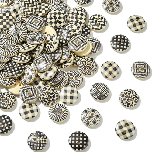 Airssory 100 Stück Vintage-Holzknöpfe weiß und schwarz, 2 Löcher, flach, rund, dekorativer Druck, Holzknöpfe für Bastelarbeiten, Kunstprojekte Airssory 100 Stück Vintage-Holzknöpfe weiß und schwarz, 2 Löcher, flach, rund, dekorativer Druck, Holzknöpfe für Bastelarbeiten, Kunstprojekte von Airssory