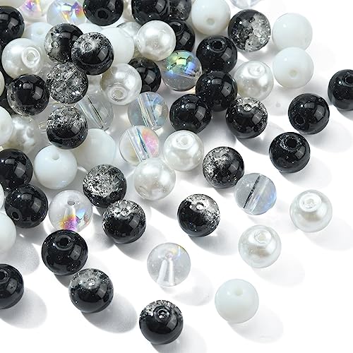 Airssory 100 Stück Weiß und Schwarz 8 mm Sprühlack Crackle Glas Kristall Runde Perlen Abstandhalter für Schmuckherstellung von Airssory