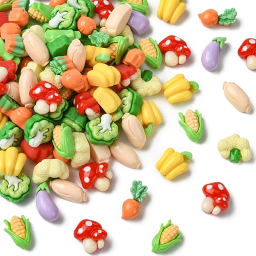 Airssory 100 Stück gemischte Stile Imitation Gemüse Harz Ornament Cabochons Pilz Karotte Mais ohne Loch Perlen für DIY Schmuck Verzierung Handwerk Home Schreibtisch Dekor Supplies Bulk von Airssory
