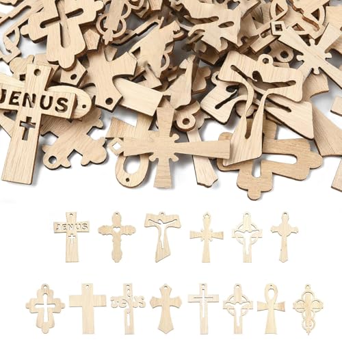 Airssory 100 Stück gemischte unlackierte Blanko-Kreuz-Holzausschnitt-Charms religiöse Kruzifix-Jesus-Holzscheiben für DIY Malerei Kunst Handwerk Zuhause Wand Party Verzierungen von Airssory