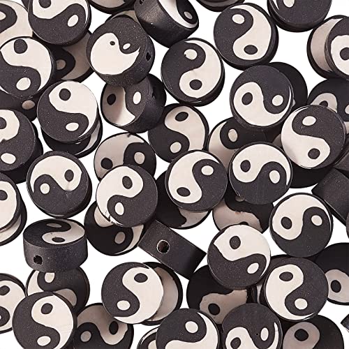 Airssory 100 Stück schwarze und weiße künstliche Polymer-Ton, weiche Perlen, flach, rund, mit Taiji Ying Yang-Schild, lose Perlen Abstandshalter für Glücks-Schmuckherstellung von Airssory
