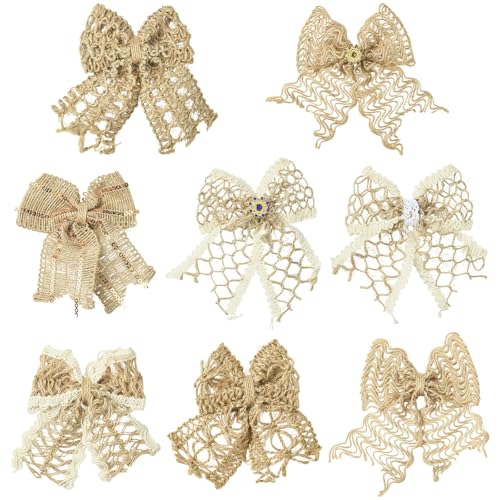 Airssory 16 Stück 8 Stile handgefertigte natürliche Juteschleife Stoff rustikale Fliege Ornament Zubehör für Hochzeit Party Dekor Heimverzierungen DIY Handwerk Zuhause Geschenkverpackung von Airssory