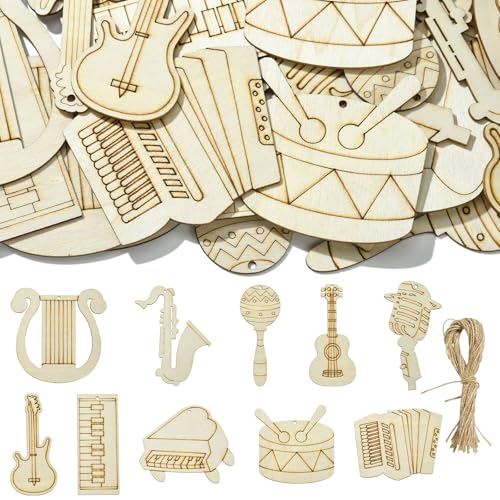 Airssory 30 Stück Musikinstrumente ungefärbt blanko Holzausschnitte Charms mit Jutekordel Musikthema Gitarre Klavier Holzscheiben für DIY Malerei Kunst Handwerk Home Party Dekor Verzierungen von Airssory