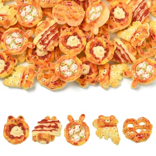 Airssory 50 Stück 5 Stile Tierbrot Harz Ornament Cabochons Nachahmung Lebensmittel Pizza Backen ohne Loch Perlen für DIY Schmuck Verzierung Handwerk Zuhause Schreibtisch Dekor Supplies Bulk von Airssory