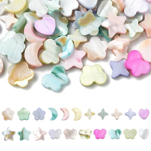 Airssory 60 Stück 6 Stile Macaron Farbe Natürliche Muschelperlen Blume Stern Herz Schmetterling Mond Perlen für DIY Schmuck Armband Halskette Ohrring Tasche Schlüsselanhänger Telefon Dekor von Airssory
