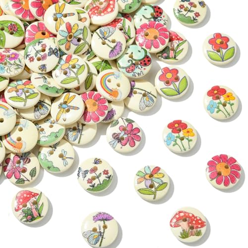 Airssory Holzknöpfe mit 2 Löchern, Blumen- und Tierknöpfe, Gänseblümchen, Holzknöpfe für Kleidung, Nähen, DIY, Kunst, Handwerksprojekte, 100 Stück von Airssory