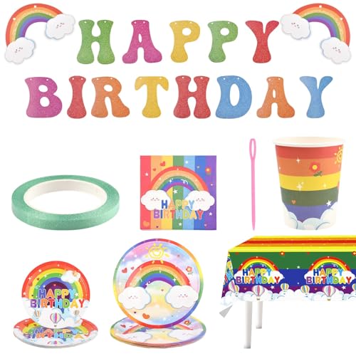 Airssory Regenbogen Geburtstag Party Dekorationssets Regenbogen Party Set Happy Birthday Banner Girlande Papiertücher & Pappbecher & Tischdecke & Banner von Airssory