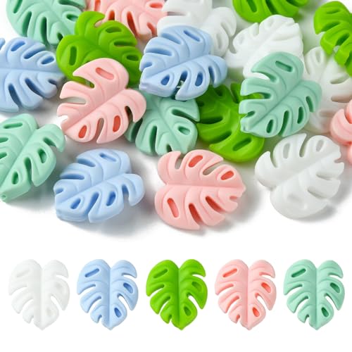 Airssory Silikonperlen in 5 Farben, Monstera-Blätter, Grün, Blau, Rosa, Gummiperlen für DIY-Schmuck, Armband, Schlüsselanhänger, Basteldekorationen, 20 Stück von Airssory