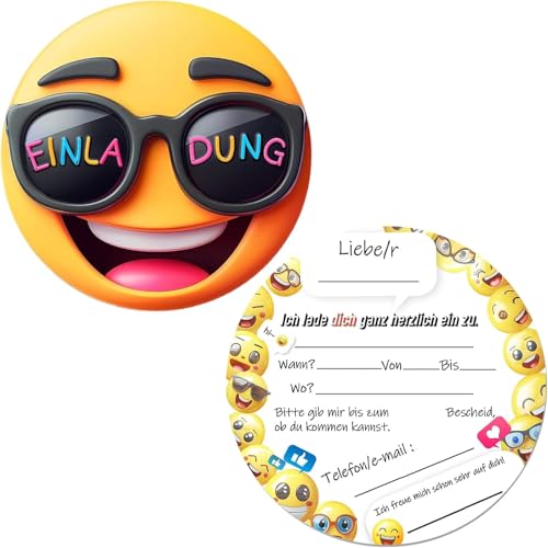 Aisikoo 15x Einladungskarten Kindergeburtstag – runde Smiley Karten Ø13,5 cm – Lustige Einladungskarte Geburtstag für Jungen & Mädchen – Perfekte Kindergeburtstag Einladungskarten für Mädchen & Junge von Aisikoo