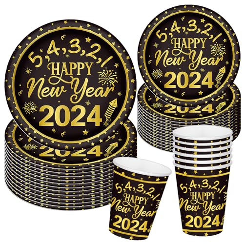 Neujahrsdekorationen 2024 Neujahrsteller und Becher Partyzubehör Set Serve 25 Silvester Party Supplies 2024 Cheers to New Year Dekorationen BDTZ-XN-54 Happy New Year Party Supplies (Goldfolie) von Aisosiks