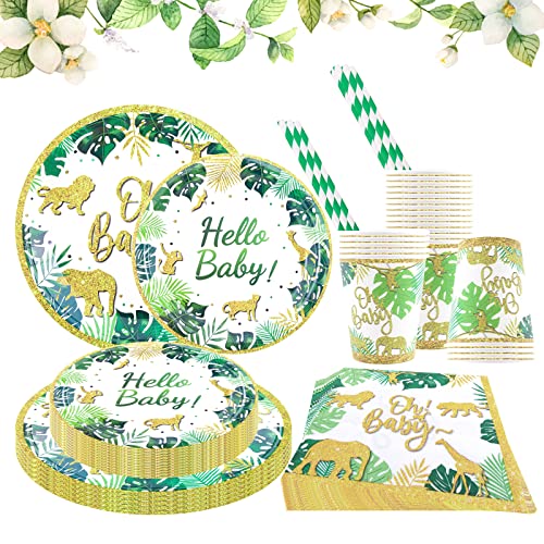 120 Stück Partygeschirr Babyparty Deko Neutral Babypartygeschirr Set, Baby Shower Deko Babyparty Geschirr mit Papier Teller Tasse Servietten Stroh, Babyshowerparty Deko für 24 Personen(Grün) von Aitsite