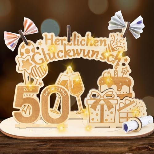 50 Geburtstag Frau Mann, Geldgeschenke Geburtstag Holz mit LED Lichterkette, Holzschild Gästebuch Geschenk zum 50 Hochzeitstag von Aitsite