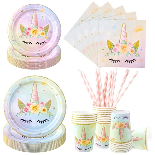Aitsite 100 Stück Einhorn Partygeschirr Set, Einhorn Partyteller Geburtstag für 20 Gäste, Einhorn Geburtstag Geschirr, Einhorn Party Deko Set, Kindergeburtstag Teller Becher Servietten (Farbig) von Aitsite