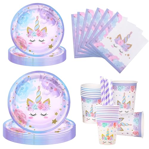 Aitsite 100 Stück Einhorn Partygeschirr Set, Einhorn Partyteller Geburtstag für 20 Gäste, Einhorn Geburtstag Geschirr, Einhorn Party Deko Set, Kindergeburtstag Teller Becher Servietten (Lila) von Aitsite