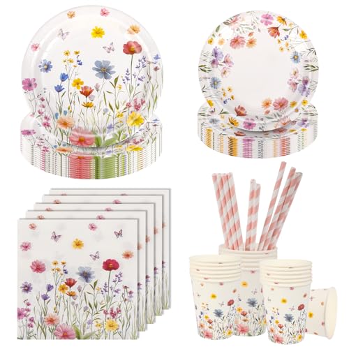 Aitsite 100 Stück Frische Blumen Partygeschirr Set, Partyteller Geburtstag für 20 Gäste, Geburtstag Geschirr, Blumen Party Deko Set, Kindergeburtstag Teller Becher Servietten von Aitsite