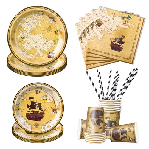 Aitsite 50 Stück Piratenschiff Partygeschirr Set, Pirat Partyteller Geburtstag für 10 Gäste, Schatzkarte Geburtstag Geschirr, Piratenschiff Party Deko Set, Kindergeburtstag Teller Becher Servietten Aitsite 50 Stück Piratenschiff Partygeschirr Set, Pirat Partyteller Geburtstag für 10 Gäste, Schatzkarte Geburtstag Geschirr, Piratenschiff Party Deko Set, Kindergeburtstag Teller Becher Servietten von Aitsite