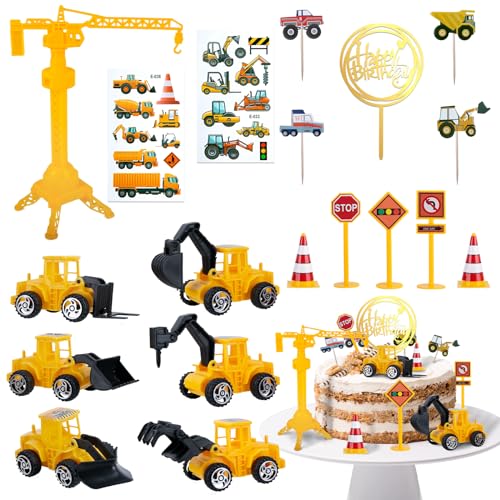 Aitsite Baustellenfahrzeuge, 39 Stück Tortendeko Bagger und Baustelle, Verkehrsschilder, Miniatur Baustelle Spielzeug für Kinder von Aitsite