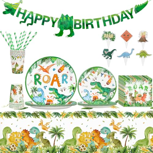 Aitsite Cartoon Dino Partygeschirr Set, Dinosaurier Party Pappteller für 12 Gäste, Papier Geschirr Set mit Papierteller Becher Servietten Strohhalme Kucheneinlagen Tischtuch und Flagge von Aitsite