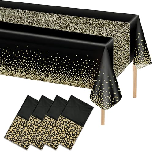 Aitsite Party Tischdecke 4 Stück, 137x274cm Rechteck wasserdichte Tischdecke Schwarz und Gold Dot, Einweg Tischdecke für Geburtstag, Jahrestag, Weihnachten Party von Aitsite