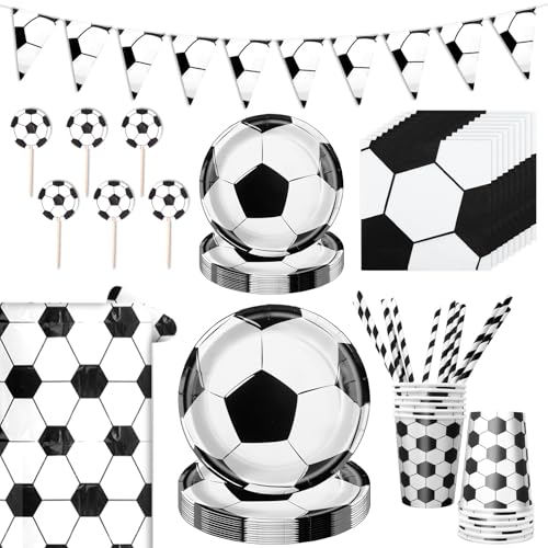 Aitsite Fußball Partygeschirr Set, Schwarzer und Weißer Fußball Party Pappteller für 12 Gäste, Papier Geschirr Set mit Papierteller Becher Servietten Strohhalme Kucheneinlagen Tischtuch und Flagge Aitsite Fußball Partygeschirr Set, Schwarzer und Weißer Fußball Party Pappteller für 12 Gäste, Papier Geschirr Set mit Papierteller Becher Servietten Strohhalme Kucheneinlagen Tischtuch und Flagge von Aitsite