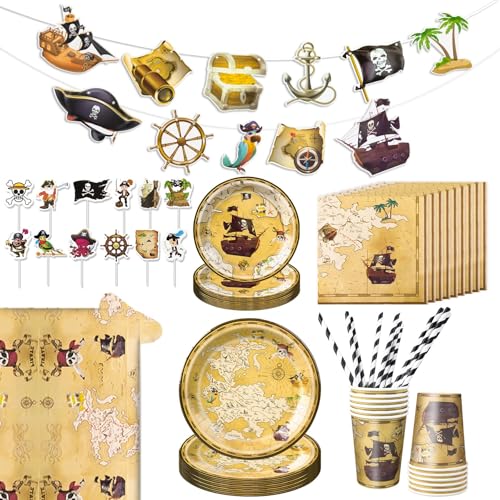Aitsite Piraten Partygeschirr für 12 Gäste,Piraten Partyteller Geburtstag Geschirr,Piratenschiff Party Pappteller Becher Servietten,Jungen Mädchen Pirate Kindergeburtstag Deko von Aitsite
