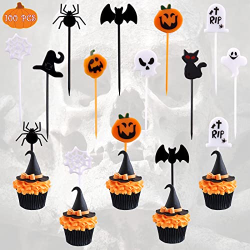 100 Stück Aitsite Halloween Kuchen Deko, Plastic Tischdeko Cupcake Topper Picks Muffins Ghost Spinne Fledermaus Kürbis Decor für Kinder Geburtstag Party Themen (10 Motive) von Aitsite