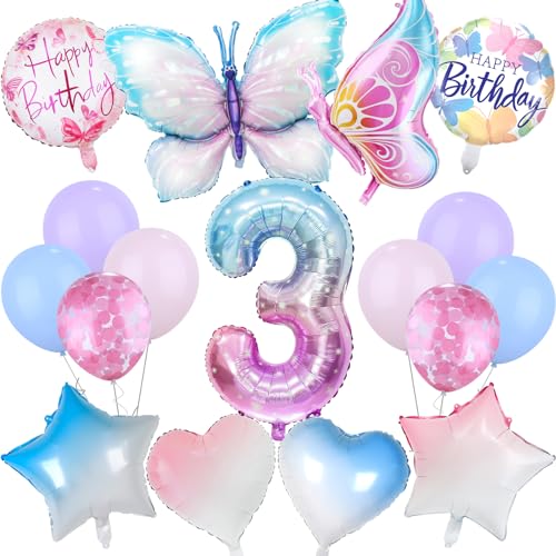 Schmetterlinge Deko Geburtstag, Geburtstagsdeko Luftballon 3 Happy Birthday Ballon Zahlen Luftballon Bunt Kindergeburtstag Schmetterling Stern Herz Veränderter Folienballon Geburtstag (17 Stück) von Aitsite