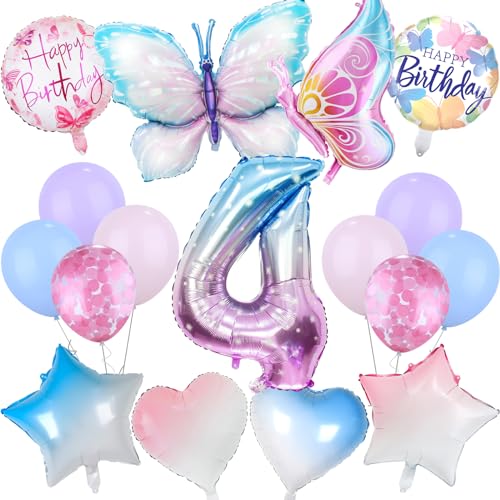 Schmetterlinge Deko Geburtstag, Geburtstagsdeko Luftballon 4 Happy Birthday Ballon Zahlen Luftballon Bunt Kindergeburtstag Schmetterling Stern Herz Veränderter Folienballon Geburtstag (17 Stück) von Aitsite