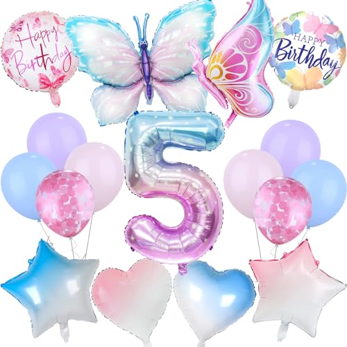 Schmetterlinge Deko Geburtstag, Geburtstagsdeko Luftballon 5 Happy Birthday Ballon Zahlen Luftballon Bunt Kindergeburtstag Schmetterling Stern Herz Veränderter Folienballon Geburtstag (17 Stück) von Aitsite