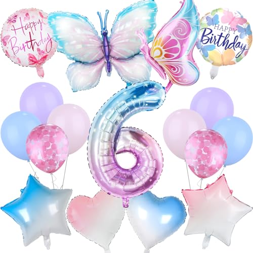 Schmetterlinge Deko Geburtstag, Geburtstagsdeko Luftballon 6 Happy Birthday Ballon Zahlen Luftballon Bunt Kindergeburtstag Schmetterling Stern Herz Veränderter Folienballon Geburtstag (17 Stück) von Aitsite