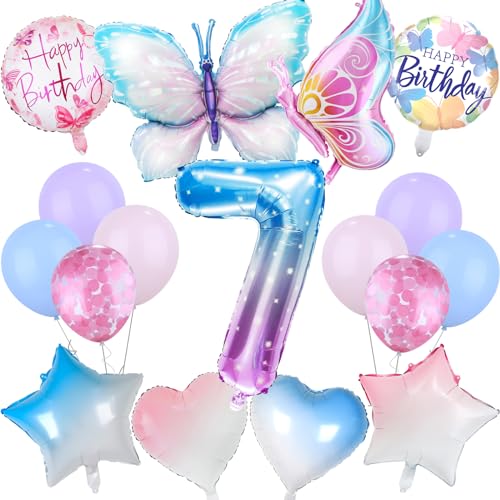 Schmetterlinge Deko Geburtstag, Geburtstagsdeko Luftballon 7 Happy Birthday Ballon Zahlen Luftballon Bunt Kindergeburtstag Schmetterling Stern Herz Veränderter Folienballon Geburtstag (17 Stück) von Aitsite