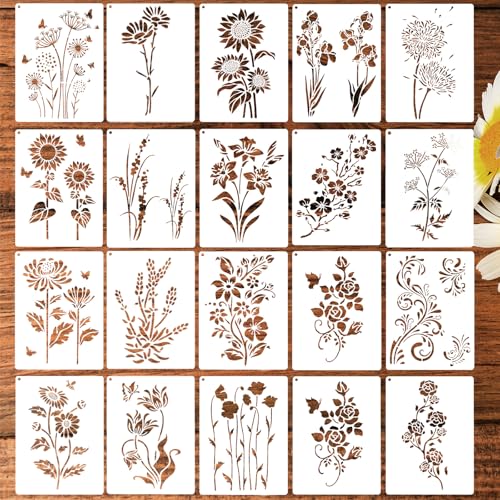 20 Stück Wildblumen Schablonen Blumen Schablone Malschablonen Erwachsene Wiederverwendbare Bemalen Wildblumen zum Malen für Diy, Möbel, Holz, Boden, Scrapbooking,Handwerk von Aiyorse