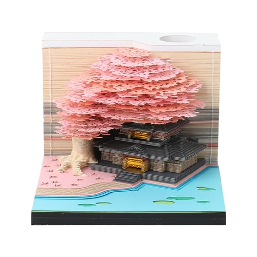 Aizuoni 3D-Papier-Tischkalender - 2024 LED-Kalender,3D Memo Pad Papier Kunst Baum Kreative 3D Notizblock Papier Schnitzen Geschenk Desktop Dekoration, Rosa Baumhaus von Aizuoni